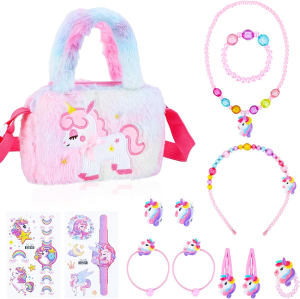 Zuimei Unicorn Jewellery Set for Girls, Unicorn Crossbody Bag with Jewelry Sets Unicorn Handbag Bracelets Necklaces Kids Dress up Jewelry Unicorn Gifts for Girls 2 3 4 5 6 7 8 Year Old